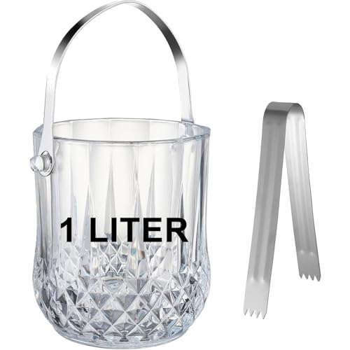 vskikris Glass Ice Bucket with Handle & Tongs - 37oz Capacity, Clear, Serving Tongs