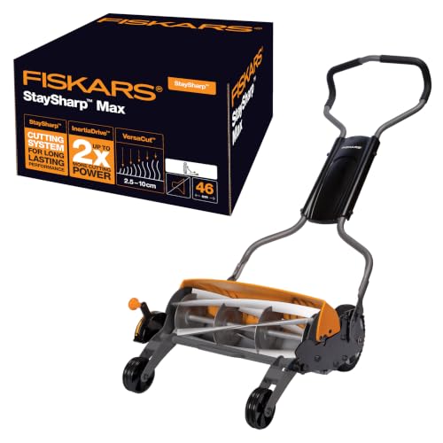 Fiskars Tondeuse à gazon manuelle, Tondeuse à cylindre avec système de coupe sans frottement des lames, Largeur de coupe: 46 cm, Noir/Orange/Argenté, StaySharp Max, 1000591