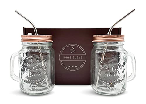 Home Suave - Gift Box with Set of 2 Mason Jar Mugs with Handle, Regular Mouth Colorful Lids with 2 Reusable Stainless Steel Straw, Set of 2 (Rose Gold), Kitchen GLASS 16 oz tumblers , Dishwasher Safe