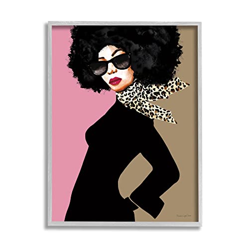 Stupell Industries Female Glam Fashion Vintage Pop Patterned Scarf Portrait Grey Framed Wall Art, 11 x 14, Black