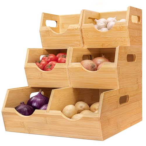 HOMESTEAD 3-Tier Bamboo Pantry Storage Bins – Stackable Potato & Onion Storage Bin with Handles, Fruit Basket & Produce Organizer for Kitchen Countertop, Pantry Organization, Set of 5