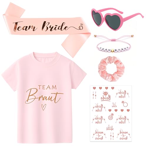 Athora 6 Stück JGA Accessoires Frauen Set Bride to Be T-Shirt mit Armband Schärpe Brille Haargummi und Aufklebern Perfekt für Junggesellinnenabschied Brautparty und Hochzeitsfotografie