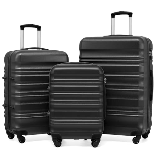 COOLIFE Hartschalen-Koffer Trolley Rollkoffer Reisekoffer mit TSA-Schloss und 4 Rollen (Schwarz, Koffer-Set)