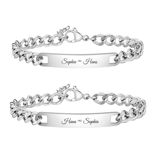 Gamtic Personalisiertes Partner Armbänder Geschenke für Paare - Verstellbar Edelstahl Panzerkette Armband mit Gravur Namen Buchstaben Partner Geschenke Freundschaftsarmbänder (2pcs, silber)