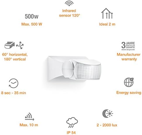 Steinel Infrared Motion Sensor IS 1 white, 120° Motion Detector, 10 m Range, IP 54, splashproof, max. 500 W or 4 LEDs