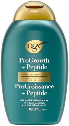 OGX® ProGrowth + Peptide Clarifying Shampoo, Gentle Exfoliating Scalp Shampoo Supports Natural Hair Growth by Removing Scalp Build-Up, 1.5% Mandelic Acid, 385 mL