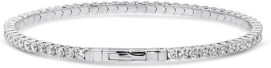 BERRICLE Sterling Silver Flexible Wedding Cubic Zirconia CZ Statement Bangle Bracelet for Women, Rhodium Plated, 2 Piece Set