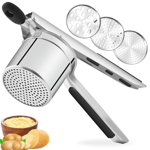 15oz Premium large Potato Ricer Stainless Steel, Heavy-Duty Ricer for Mashed Potatoes with 3 Discs for Effortless Potato press, Baby Food, Gnocchi, Ergonomic Non-Slip Grip, Dishwasher Safe