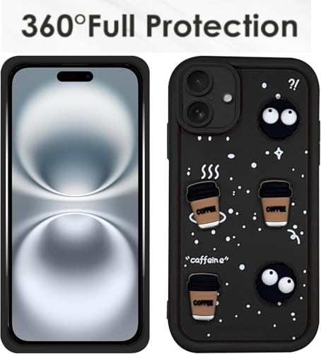 Image of GoldKart Back Case Cover Compatible for iPhone 16 Plus | Cute Fun Cartoon 3D Ball Coffee Silicone Case | Full Body Protection Back Cover for iPhone 16 Plus - Black