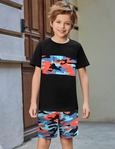Image of Arshiner Boys' 2-Piece Cotton Outfit Color Block T-Shirt and Shorts Set Summer Camo Clothes for Kids 5-14 Years