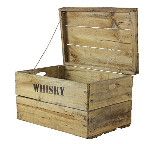 Truhenking Alte Holztruhe mit Deckel und Aufdruck Whisky versch....