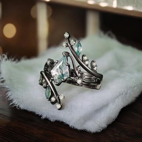 Gothic Vintage Kite Moss Agate Engagement Ring Leaf Black Gold Women Enhencer Green Gemstone Ring Bridal Promise Ring Valentine day Gift For Her4
