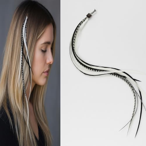 Feather Hair Extension – 5 Real Rooster Feathers Bonded at Tip, Black & White Zebra Pattern, 7–11” Long, Includes 2 Silicone Micro Beads for Easy Installation – Salon-Quality by Sexy Sparkles