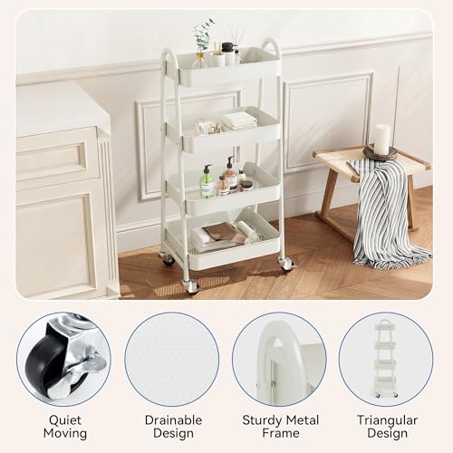 Image of OLIXIS Metal 4 Tiers Utility Rolling Cart, Mobile Storage Shelf with Lockable Caster Wheels, Organization for Livingroom, Bathroom & Narrow Places, 4-Tier White