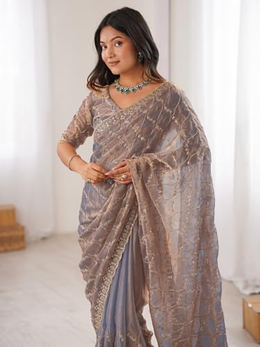 Image of AKHILAM Women's Shimmer Chiffon Heavy Sequence Embroidery Work Saree With Unstitched Blouse Piece (VT798A VM Parent)