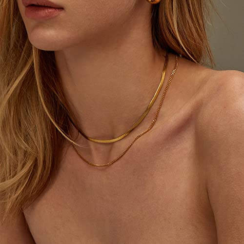 Layered Gold Necklaces For Women, 14K Gold Plated Herringbone Necklace For Women Trendy Simple Handmade Snake Cuban Link Chain Necklace Gold Layered Choker Necklaces For Women Girls Jewelry Gifts #TOP2