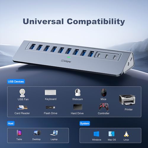 Image of Powered USB Hub 10Gbps, intpw YH9AC 12-Port USB Splitter with USB A /USB C 3.2, 7 USB 3.0, 2 PD 45W Charging Ports, 65W Power Adapter + 3.3FT Cable, Aluminum USB Extender Hub for Laptop /PC /iPhone 16 /15