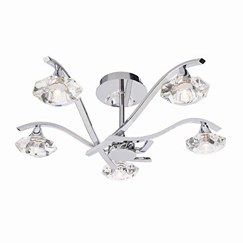National Lighting Luna Decorative Silver Chrome 5 Way Branch Arm Semi Flush Pendant Ceiling Light with Clear Crystal Glass Shades 550mm