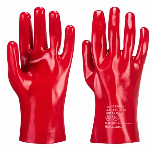 Image of TOKHA SAFETY Red PVC Coated Protective Gloves Chemical Resistant EN388 EN374 Lined Industrial Gauntlets XL 10 - Pack of 6 Pairs