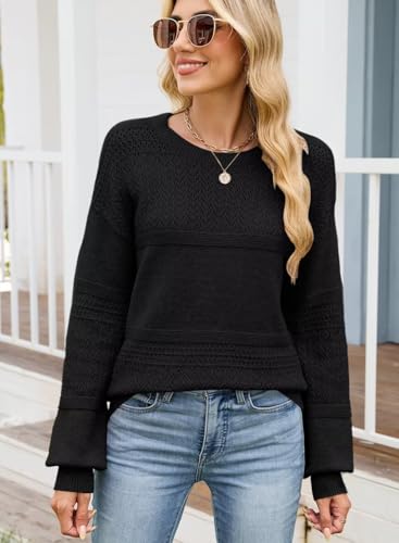 Image of JOCAFIYE Fall Clothes School Outfits for Teachers Crewneck Solid Sweaters for Women Contrast Ribbed Knit Jumpers Pullover Long Sleeve Casual Loose Fit Sweater Tops Black Medium