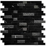 SUNWINGS 5-Sheet Peel and Stick Mosaic Natural 3D Stone Self Adhesive Marble Tiles, 11.5' x 10.7' Stick on Backsplash for Kitchen Bathroom Fireplace Vanity, Mixed Black