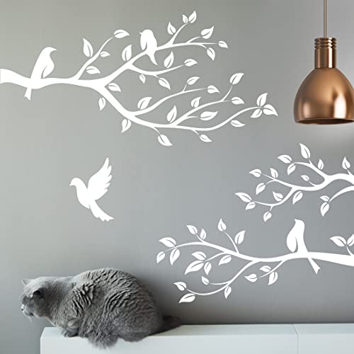 Sticker Mural Vinyle Oiseaux sur Branche Blanc Art Sticker Salon Transfert Meubles Décoration Porte Image Cuisine Arbre Feuilles