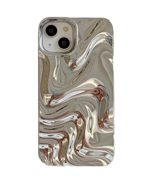 Image of COVERLY Metallic Silver Swirl Back Case for iPhone 14 Plus | Hot Minimalist Faux Wave Cute Design | Camera Lens Protection | Soft Silicone Fashion Aesthetic Cover for Girls & Women (Silver,Shockproof)