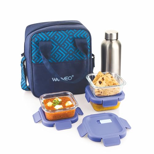 Image of WARMEO BOROFRESH Set of 4 Borosilicate Glass Tiffin (3 Square Container,325ml Each + 1 Steel Bottle 750 ml)| Leakproof, Microwave & Dishwasher Safe Lunch Box with Bag for Office, College & School