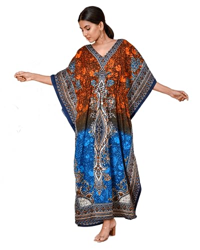ReynosoHomeDecor---- Kimono Kaftan Dress for Women` Elegant, Miami,lbiza,Holiday Dress,Evening Dress,Loose fit (Blue & Orange, 1)