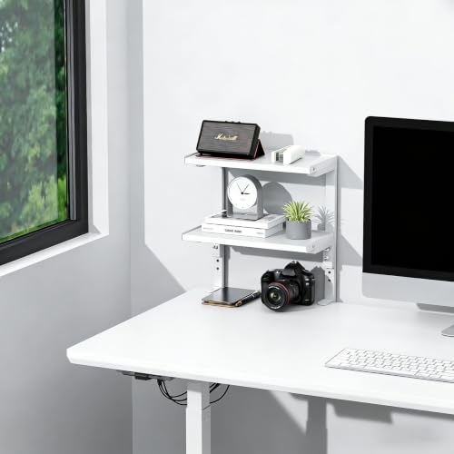 Image of 2-Tier Desk Shelf, Expandable Under Desk Storage, Clamp on Desk Shelf, Desktop Accessories for Offices, Study Rooms, and Game Rooms (White)