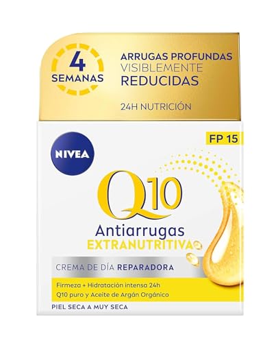 NIVEA Q10 Power Antiarrugas - Crema de Día Extra-Nutritiva SPF15 - Crema Hidratante Facial Antiedad - Reduce Arrugas y Nutre la Piel - Q10, Aceite de Argán y Protección Solar FP15 - Piel Seca - 50 ml