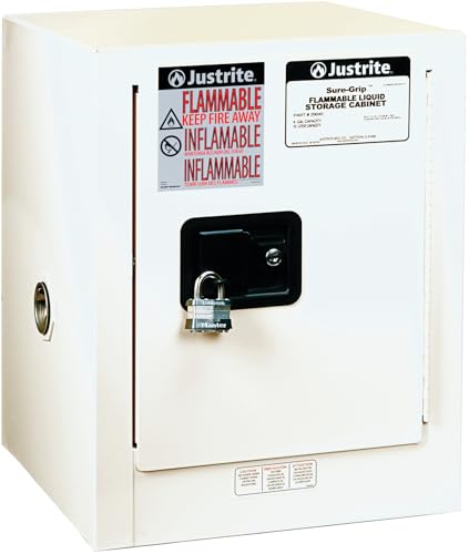 Justrite 4 Gallon Manual Close Countertop Flammable Storage Cabinet, 18 Gauge Steel, 1 Shelf, 1 Door Fire Cabinet, 22" x 17" x 17", Made in The USA, White, 890405