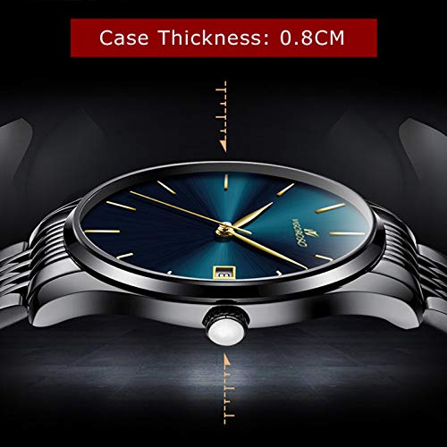 VIGOROSO Men's Fashion Ultra Thin Watches Stainless Steel Sport Quartz Analog Date Hours Wrist Watch (Blue)