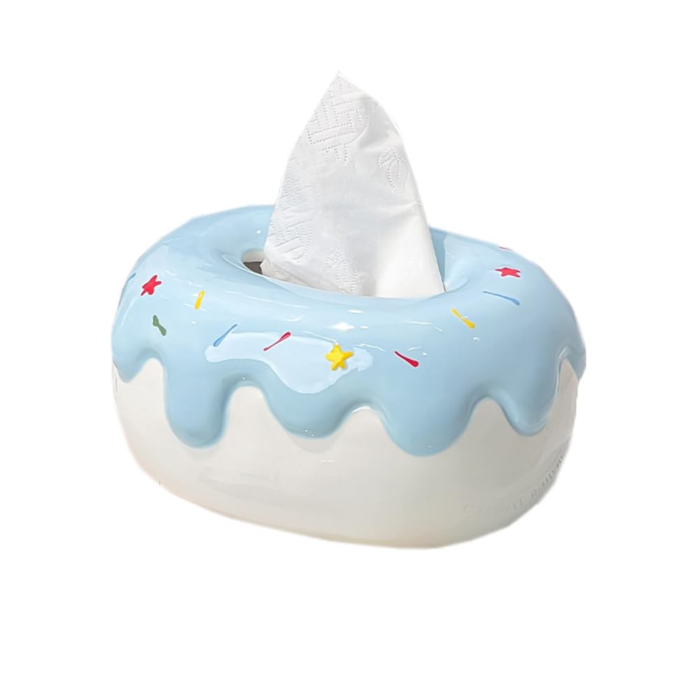Qinqin Store Girls Blue Donut Shaped Ceramic Tissue Box Cover Cute Ceramic Tissue Box Holder Living Room Decorative Paper Facial Tissue Holders (, Inner Diameter: 14.5×9.5×8Cm/5.71"×3.74"×3.15")