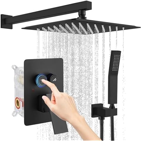 gotonovo Push Button Rain Shower System Rainfall Shower Head with Handheld Shower Wall Mount Pressure Balance Valve Included Dual Functions Luxury Shower Faucet Set 10 Inch Matte Black Cover