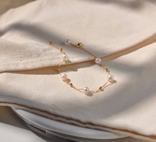 Vavily Gold Tiny Pearl Bracelet,14K Gold Plated Cute Beaded Freshwater Cultured Pearls Tiny Charm Dainty Handmade Bracelet For Women #TOP6