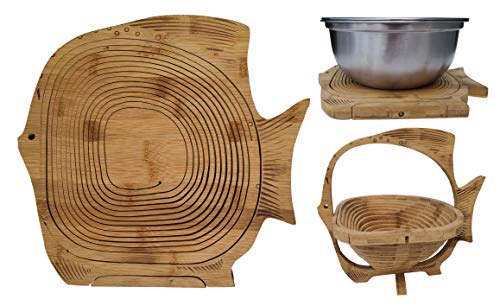 11X10.6 Inch Bamboo Fruit Bowl Collapsible Basket for Fruit Egg Bread Fruit Dried Fruit Folding Fruit Basket Multifunction Heat Resistant Bamboo Trivets Pot Mat Hot Pan Pads by Kamay's (Fish Shaped)