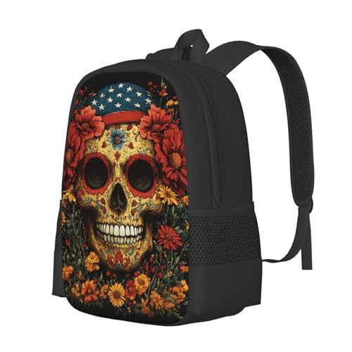 Image of Floral Skull Print Backpack For Men Women Lightweight Daypack For Daily Commutes Business Travel Hiking