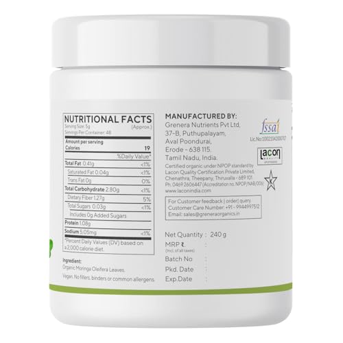 Image of Grenera Moringa (Drumstick) Leaf Powder 240 gram, Vegan, Perfect For Smoothies, Salads, Herbal Teas