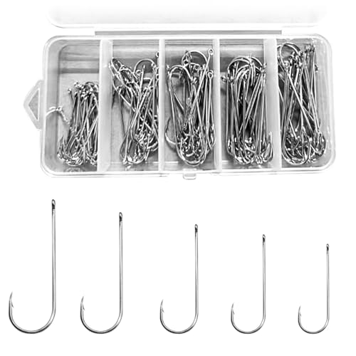 100pcs Aberdeen Sea Fishing Hooks, Large Barbed Long Shank Wide Gape Hooks, High Carbon Steel Light Fishing Hooks, Sizes 1#, 1/0, 2/0, 3/0 (60 Pcs Mixed), for Sea Fishing