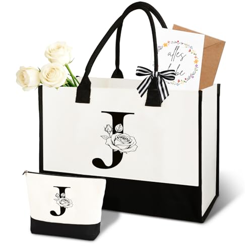 Anruzon Geschenke für Frauen Personalisierte Initial A-Z Canvas Einkaufstasche & Kosmetiktasche Grußkarte Praktisches & Emotionales Geschenk für Mama Freundin Kollegin oder Schwester