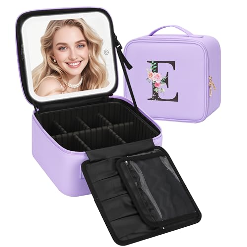 Trousse de maquillage avec miroir LED réglable et compartiments violets