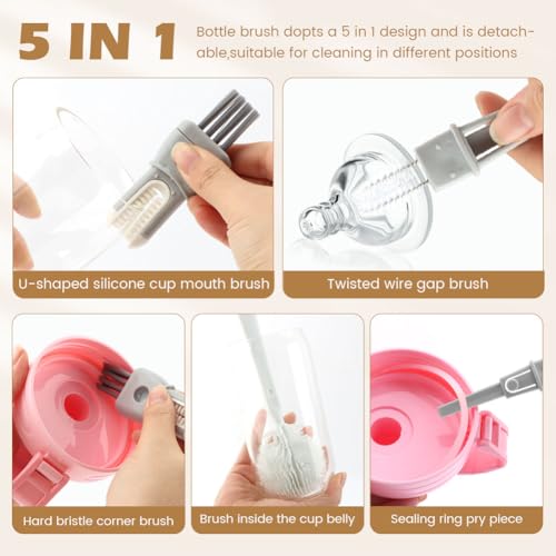 Image of Bottle Brush Set,5-in-1 Water Bottle Cleaner Brush,Long Handle Bottle Cleaning Brush,Straw Brush for Stanley,Removable Nipple Brush,Detail Brush for Cup Lid Gap Cleaning Supplies