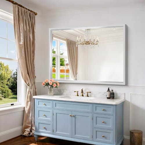 Image of Silver Bathroom Mirror, 48 x 36 Inch Rectangular Wall Mirror, 0.6 inch Thickened Deep Framed Mirrors for Bathroom Sink, Shatterproof Tempered Glass, Antirust, Horizontally or Vertically