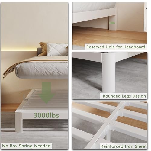 KZZLOL 6 Inch White Low Profile Bed Frame King, Low King Size Bed Frame No Box Spring Needed, Mattress Stoppers, DIY Headboard, Heavy Duty Beds Support 3000 LBS, Rounded Legs, Easy Assembly, Noiseless by KZZLOL - Image 3