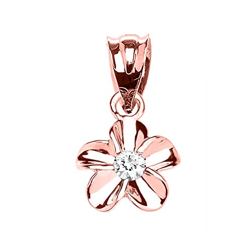 Delicate 10k Rose Gold Plumeria Flower Pendant With White CZ Stones - Handmade Hawaiian Charm