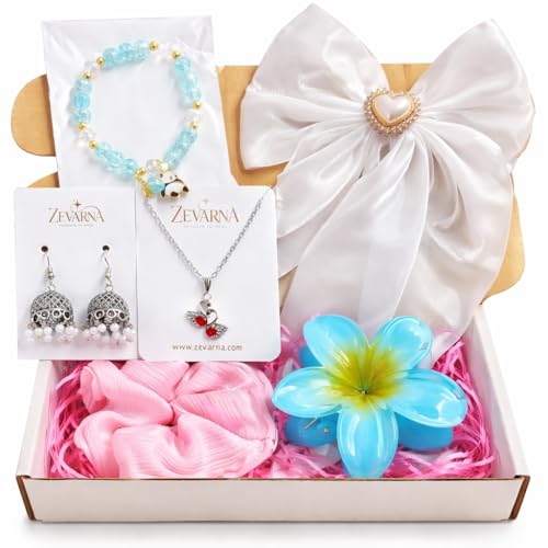 Image of Gift Hamper for Woman & Girls Under 300 | Cute Accessories Gift Set with Earrings, Bracelet, Necklace & Scrunchie | Birthday Gift for Girlfriend, Sister, Teen Girls | Kitty Party Return Gifts | Set of 6 Items - Perfect For Rakhi Gift | Random Colors and Designs for Surprise