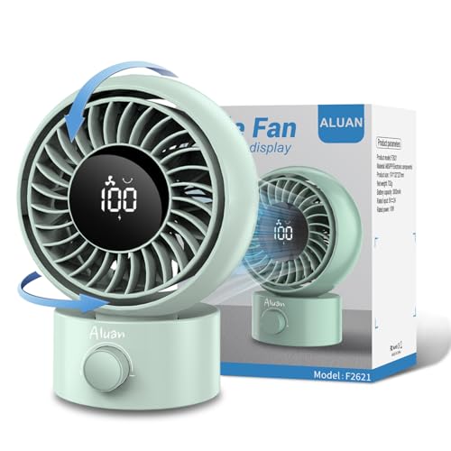 Image of Aluan 7-Inch Portable Rechargeable Fan, Table Fan with 90 Oscillation, 10 Speed Settings, Quiet Airflow & Battery Indicator for Home, Desk & Travel
