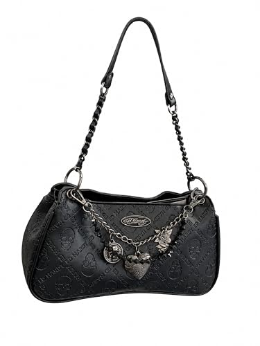 Ed Hardy Embossed Skull Shoulder Bag with Chain Strap & Charm Accents Crescent Hobo Purse for Women 11x6 in (Black Noir)
