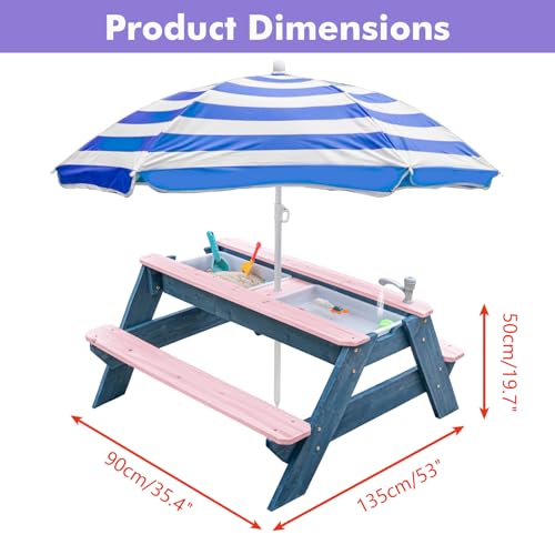 Miniatura 5 de Kids 3 en 1 - Mesa de picnic convertible para exteriores con paraguas, 2 cajas de juego, parte superior desmontable, mesa de grifo para exteriores (rosa/azul marino)